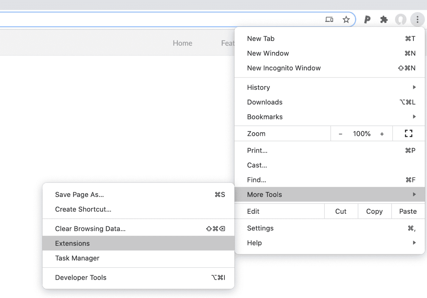 The Chrome three-dot menu open with “More Tools” highlighted and its submenu showing Save Page As…, Create Shortcut…, Clear Browsing Data…, a highlighted Extensions, Task Manager and Developer Tools.